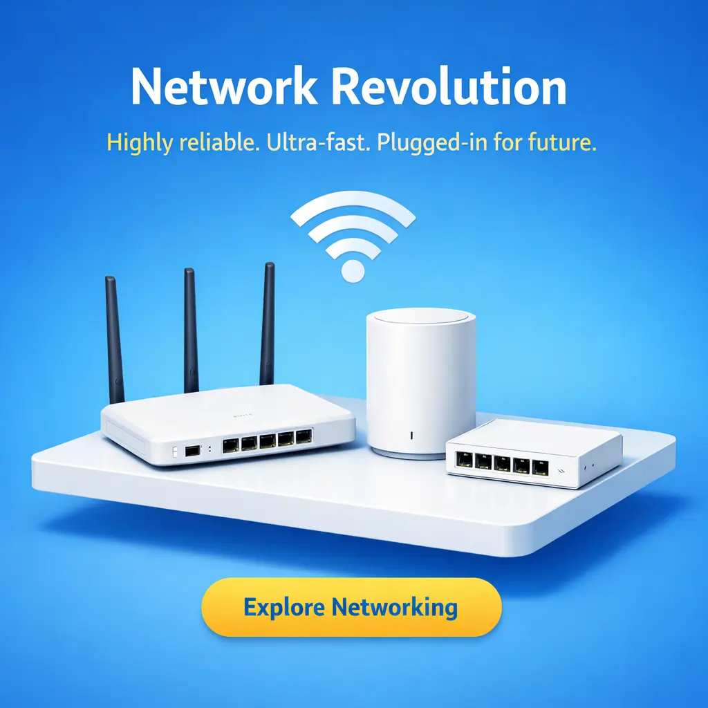 Network Revolution banner showing a Wi-Fi router, mesh device and Ethernet switch connected for fast and reliable networking.