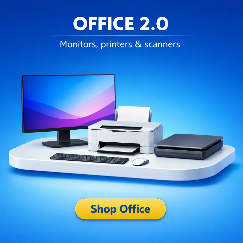 Kraod Office 2.0 in Pakistan - Monitor, printer and scanner setup shown in office category banner.